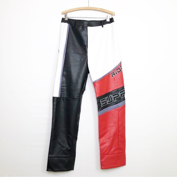 Fashion Nova faux, leather color block let’s race Moto pants - Picture 6 of 10